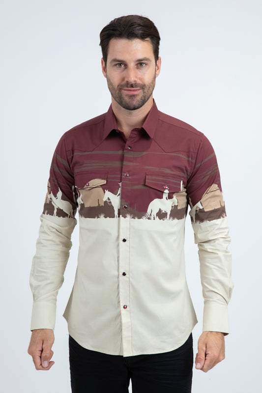 Men's Modern Fit Cotton Stretch Rodeo Panoramic Print Beige Shirt