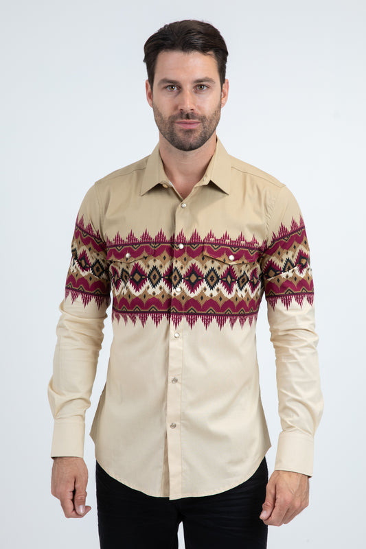 Men's Modern Fit Cotton Stretch Rodeo Panoramic Print Beige Shirt