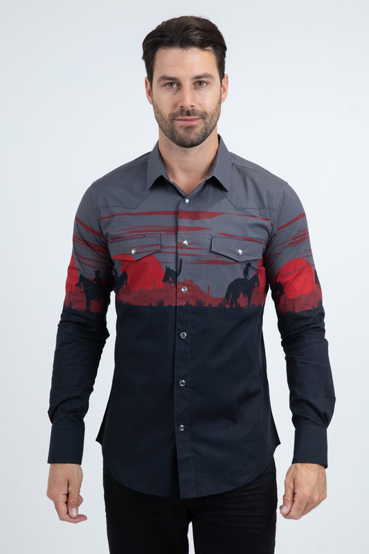 Men's Modern Fit Cotton Stretch Rodeo Panoramic Print Black Shirt