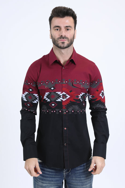 Men's Modern Fit Cotton Stretch Rodeo Panoramic Print Black Shirt