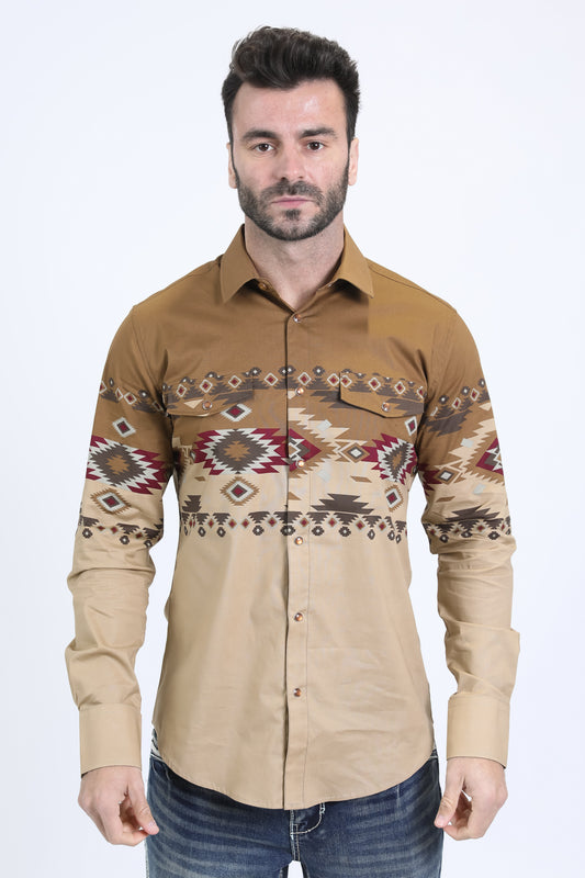 Men's Modern Fit Cotton Stretch Rodeo Panoramic Print Beige Shirt