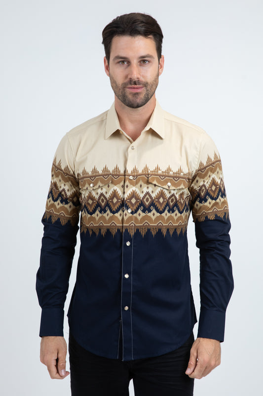Men's Modern Fit Cotton Stretch Rodeo Panoramic Print Blue Shirt