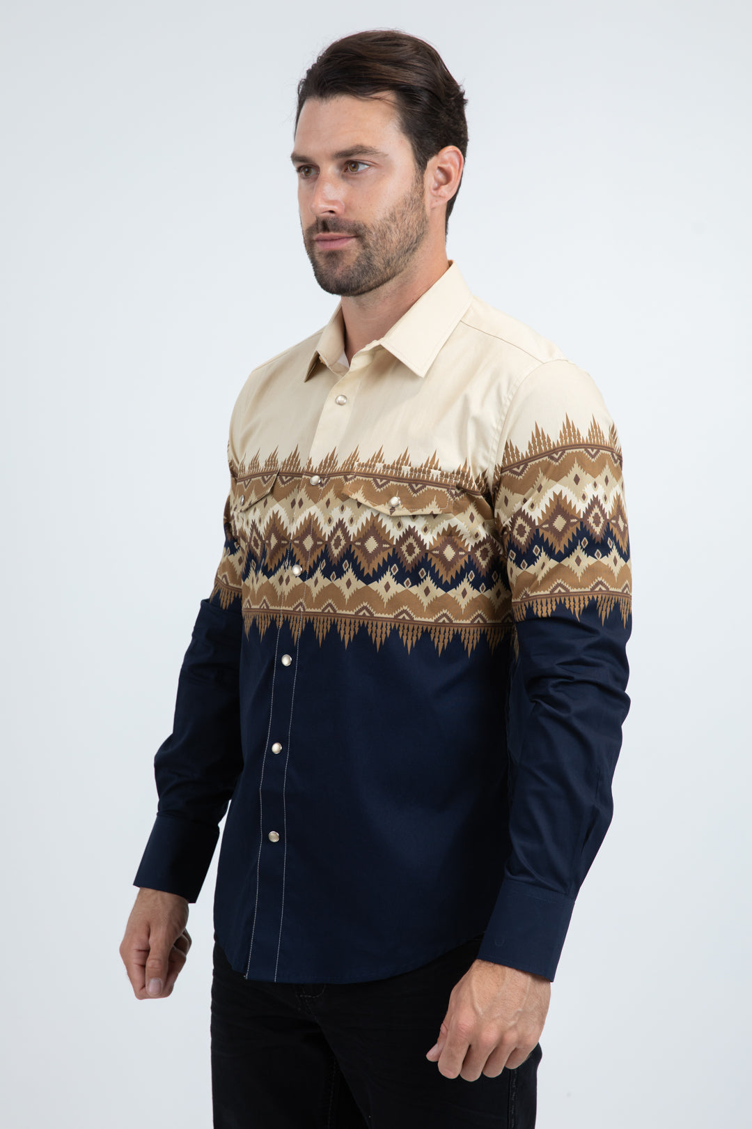 Men's Modern Fit Cotton Stretch Rodeo Panoramic Print Blue Shirt