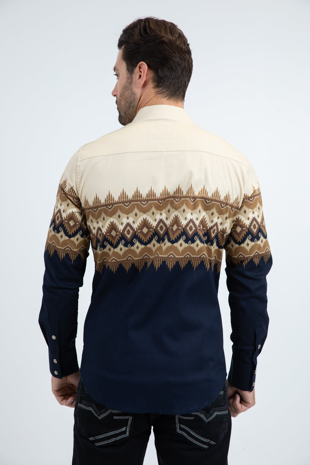 Men's Modern Fit Cotton Stretch Rodeo Panoramic Print Blue Shirt
