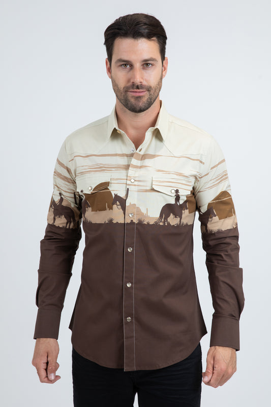 Men's Modern Fit Cotton Stretch Rodeo Panoramic Print Brown Shirt