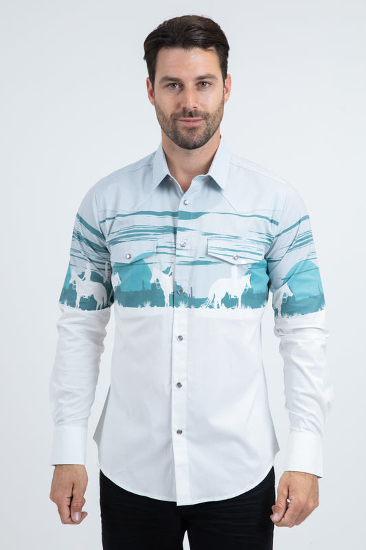 Men's Modern Fit Cotton Stretch Rodeo Panoramic Print White Shirt