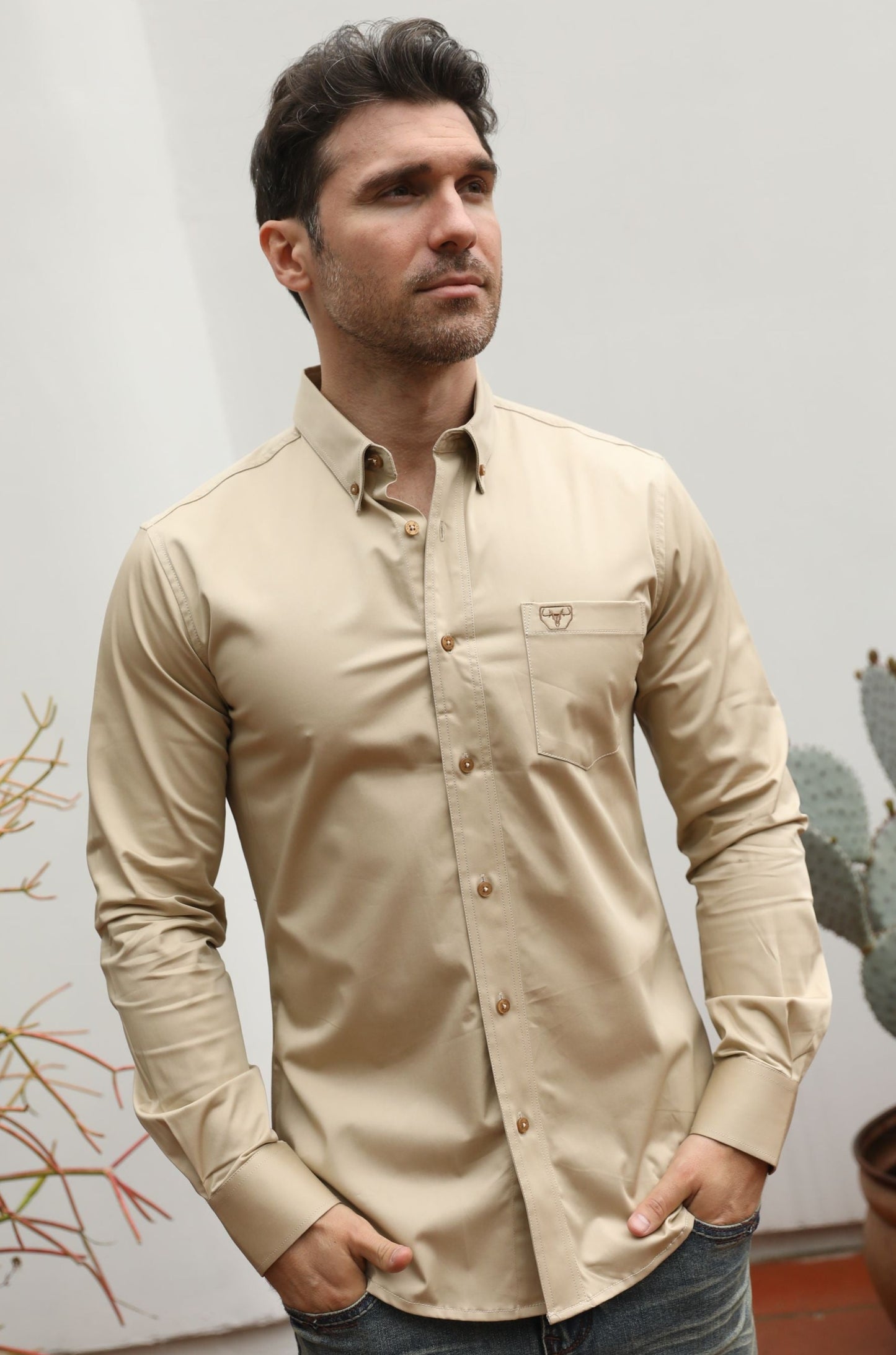 beige modern fit stretch dress shirt men platini lifestyle