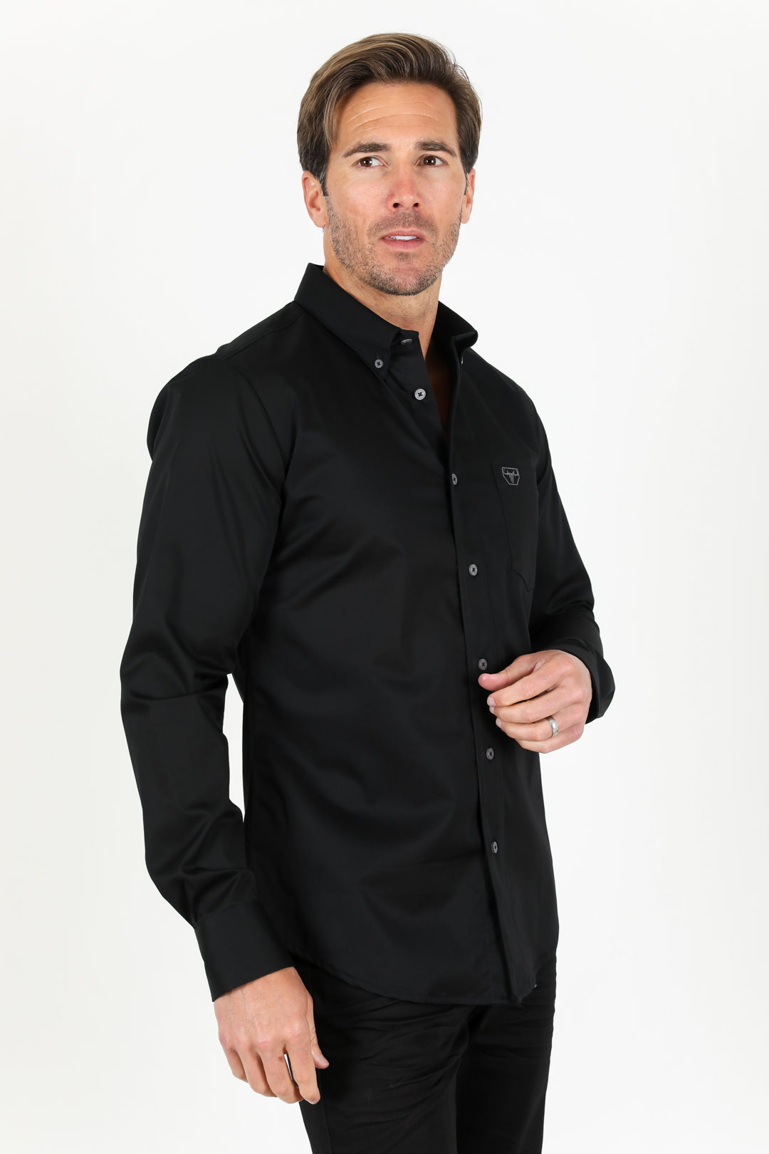 black modern fit stretch dress shirt men platini side