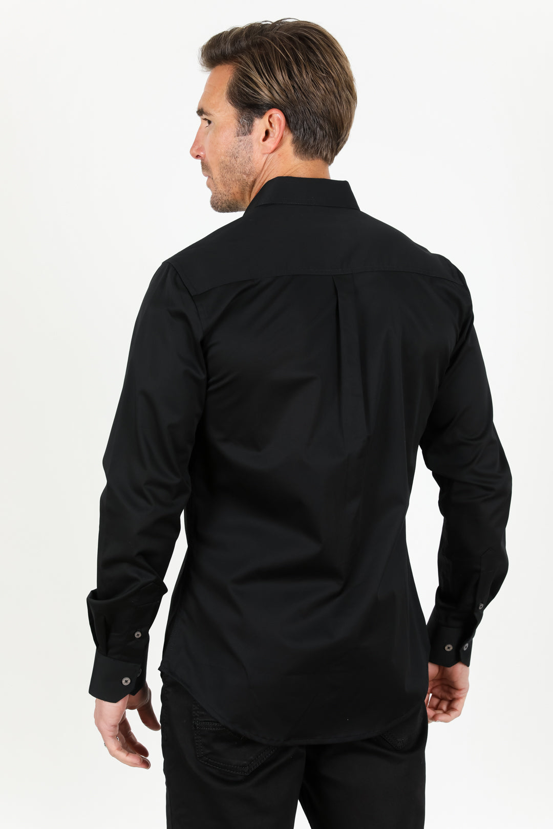 black modern fit stretch dress shirt men platini back