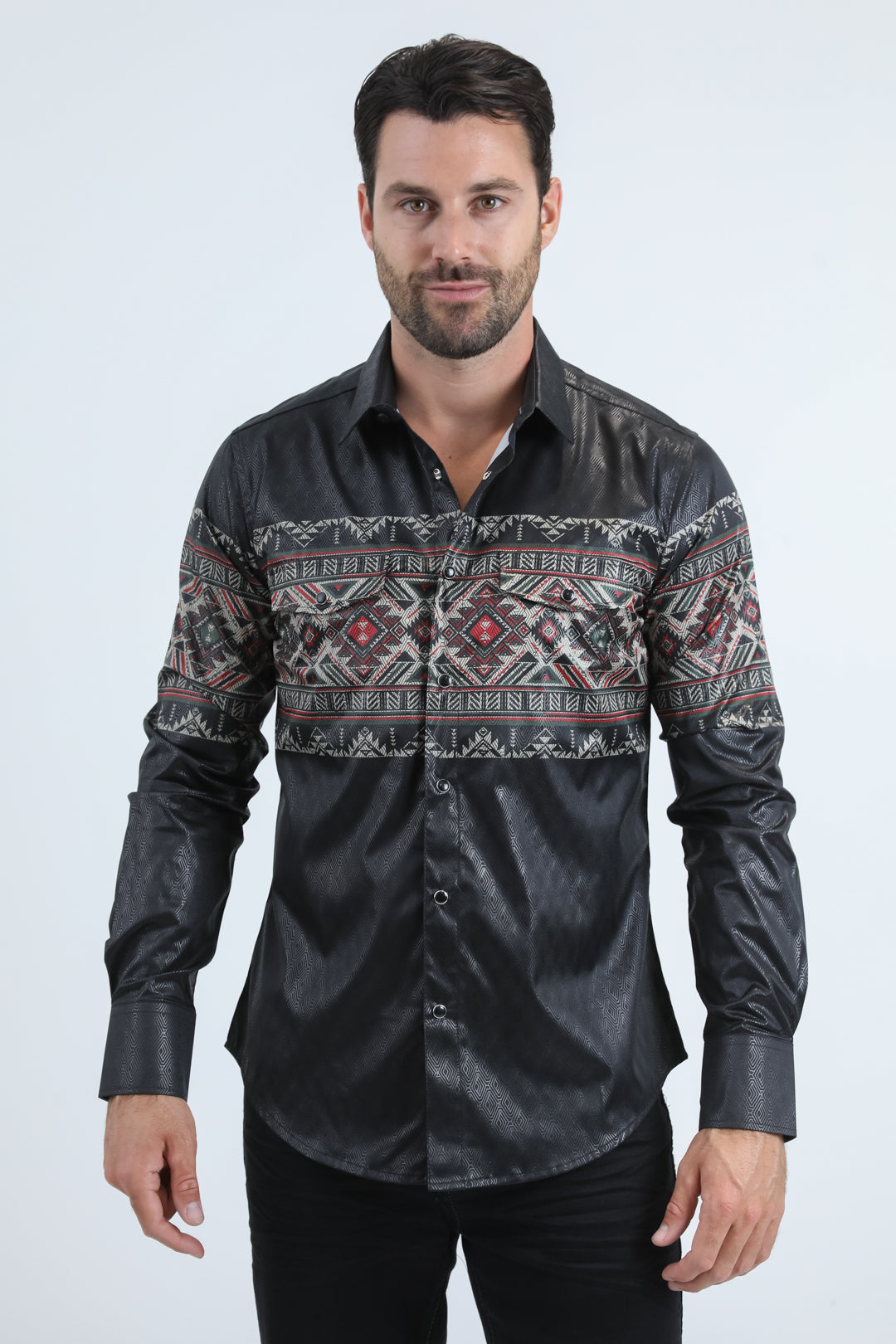 Mens Modern Fit Panoramic Foil Print Black Shirt