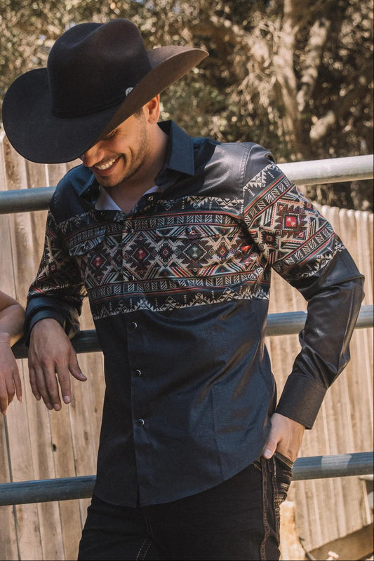 Mens Modern Fit Panoramic Foil Print Black Shirt