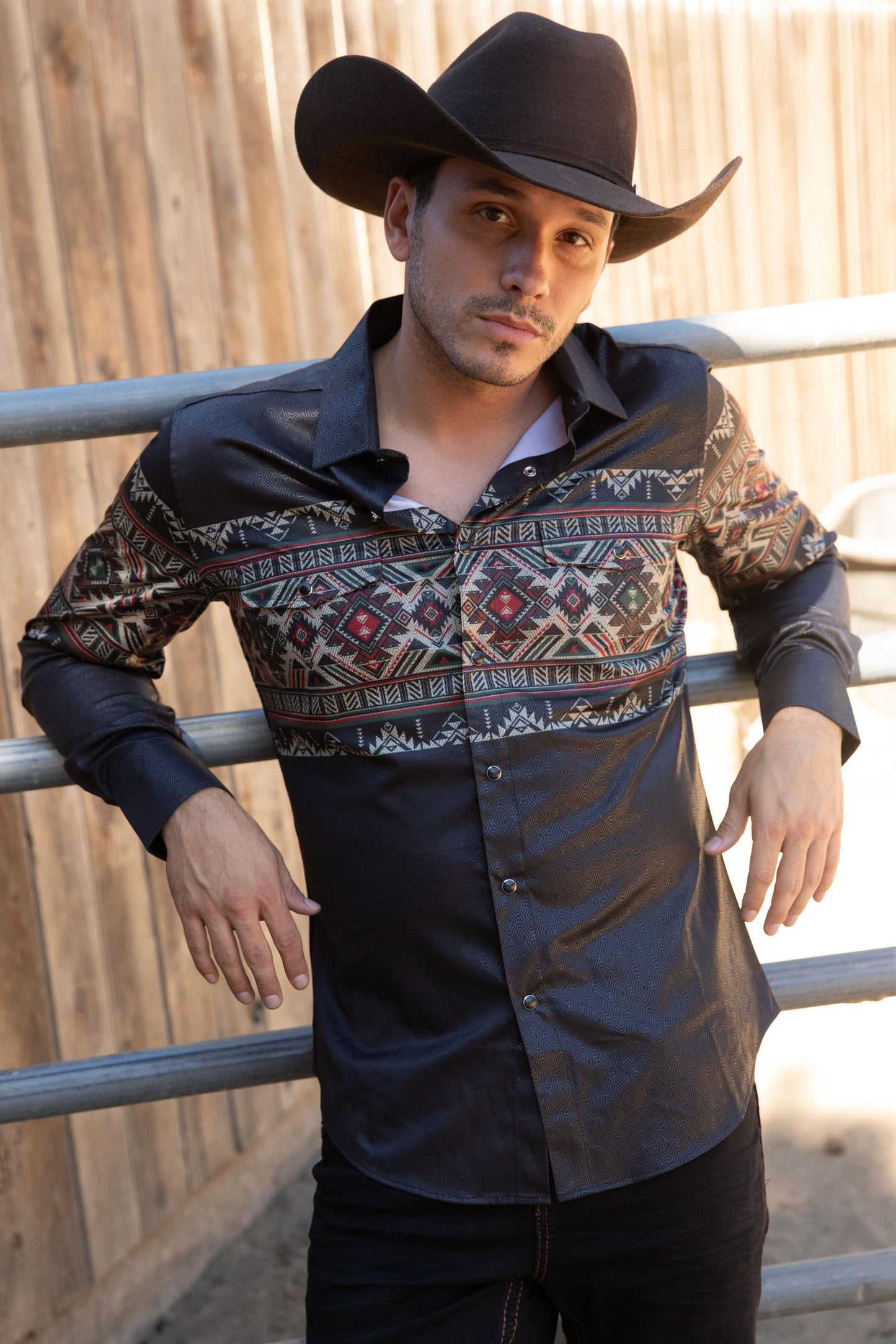 Mens Modern Fit Panoramic Foil Print Black Shirt