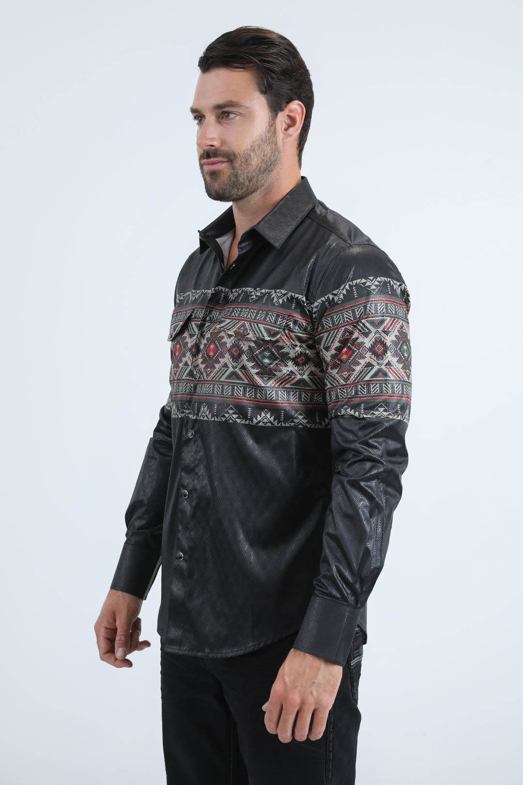 Mens Modern Fit Panoramic Foil Print Black Shirt