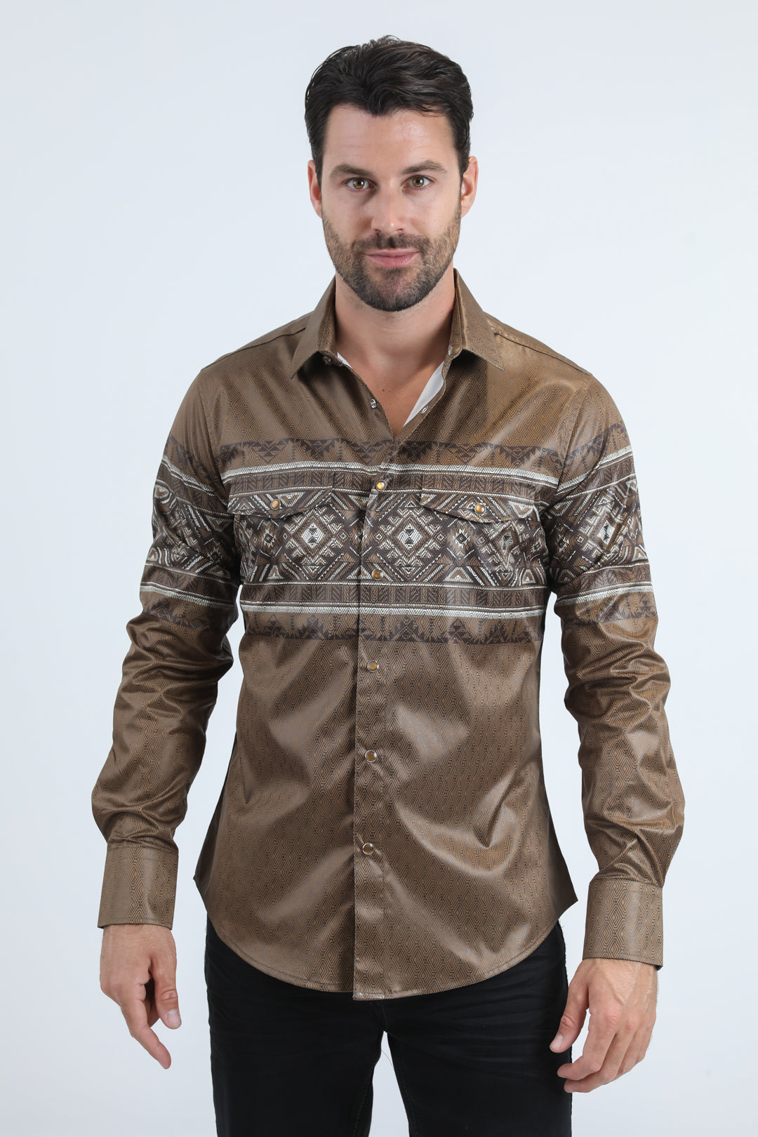 Mens Modern Fit Panoramic Foil Print Camel Shirt