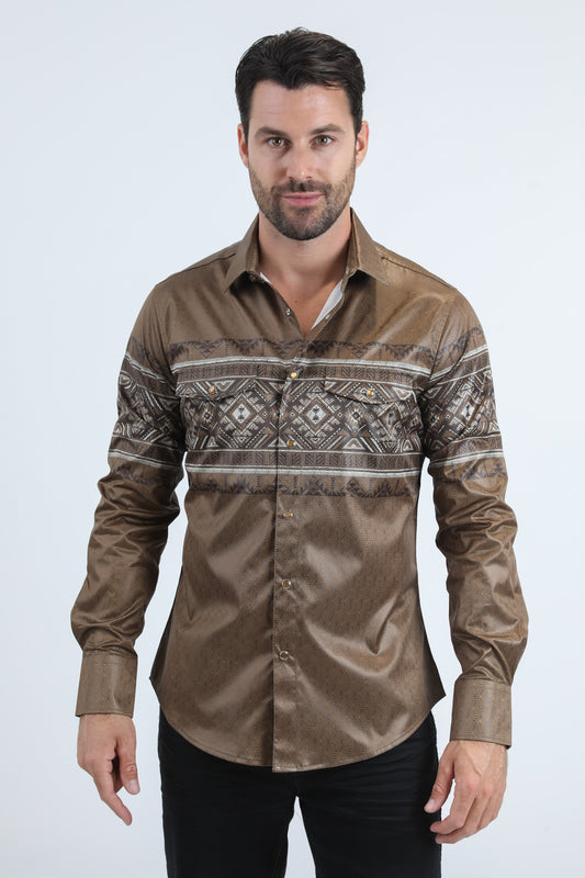 Mens Modern Fit Panoramic Foil Print Camel Shirt