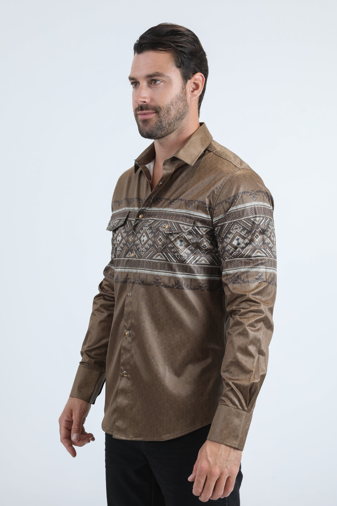Mens Modern Fit Panoramic Foil Print Camel Shirt