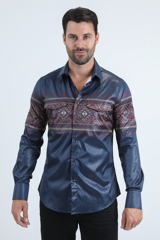 Mens Modern Fit Panoramic Foil Print Navy Shirt