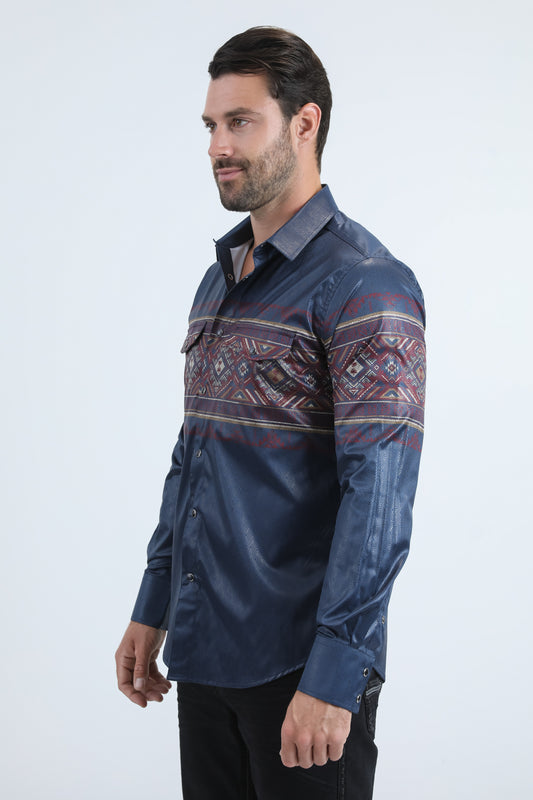 navy geometric western band shirt men platini detail