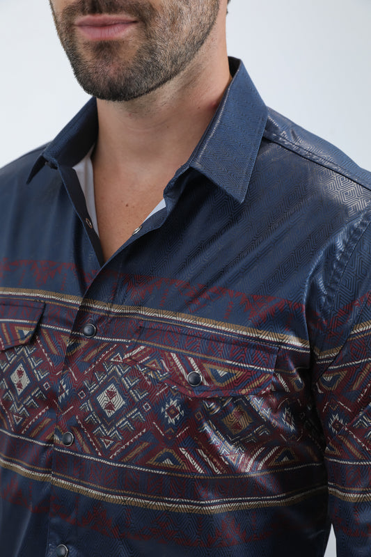 navy geometric western band shirt men platini detail-2