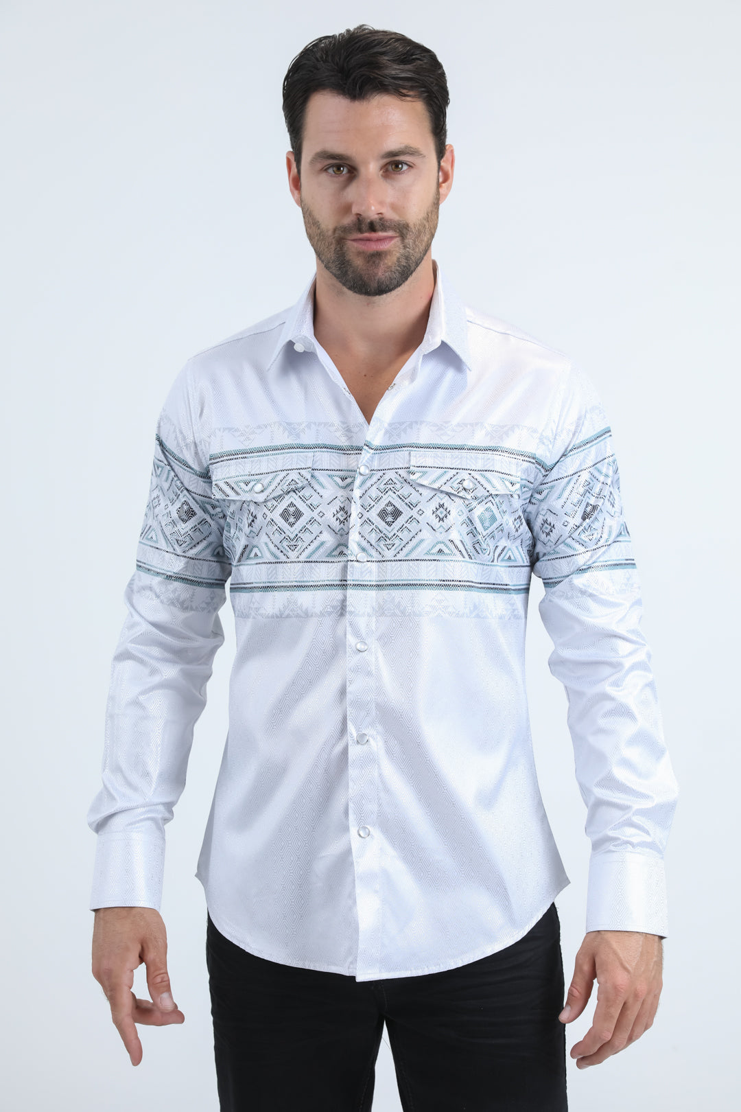 Mens Modern Fit Panoramic Foil Print White Shirt