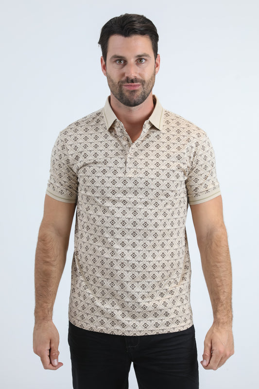 Mens Modern Fit Stretch Cotton Beige Polo with Aztec Print