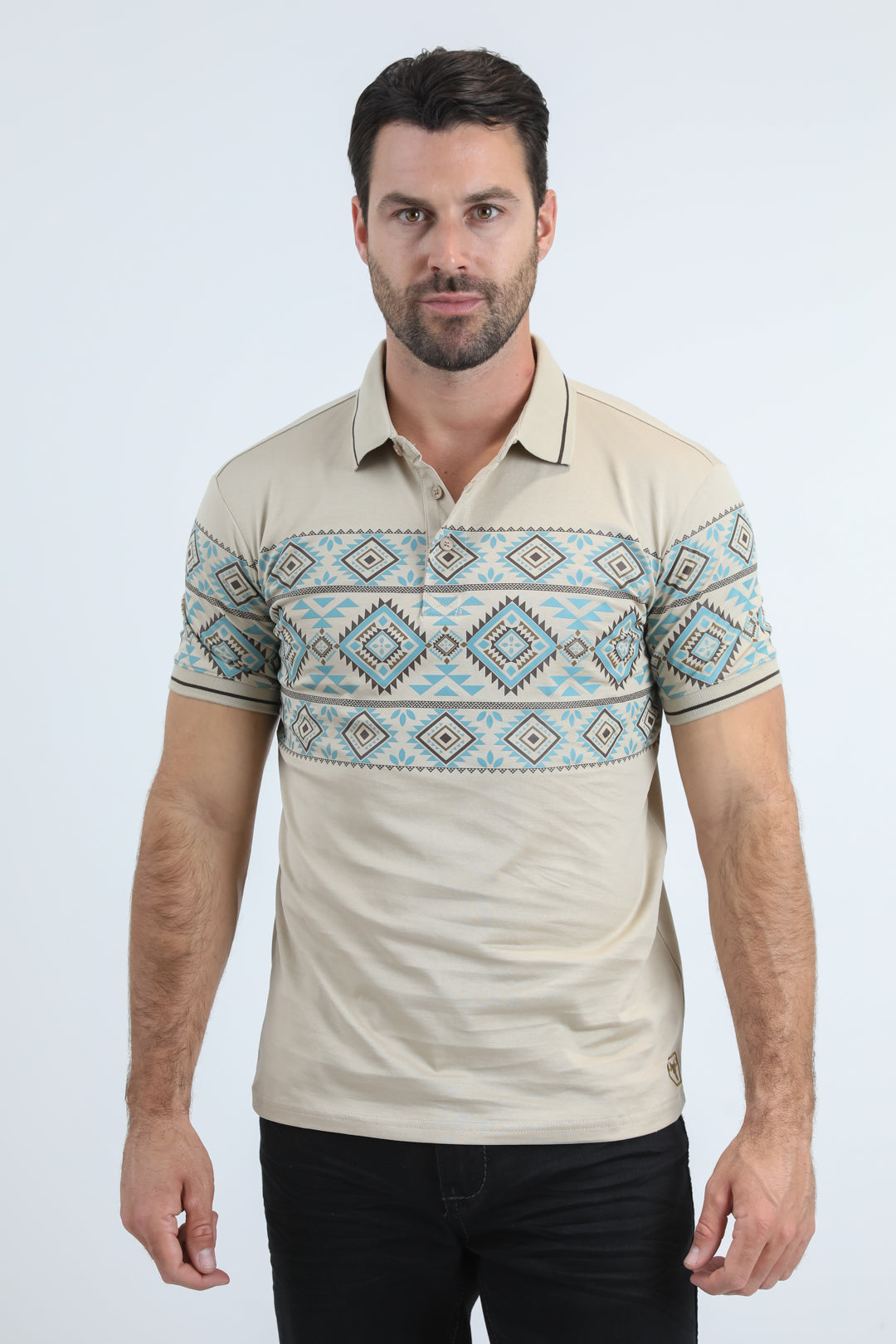 Mens Modern Fit Stretch Cotton Beige Polo with Aztec Print