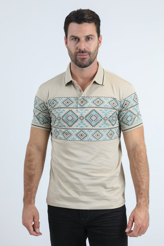 Mens Modern Fit Stretch Cotton Beige Polo with Aztec Print