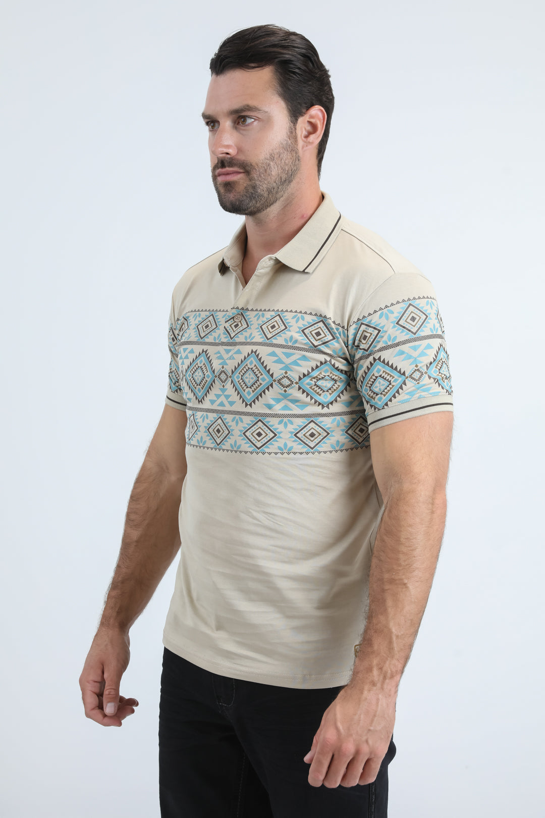 Mens Modern Fit Stretch Cotton Beige Polo with Aztec Print