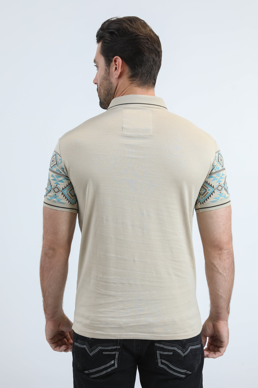 Mens Modern Fit Stretch Cotton Beige Polo with Aztec Print