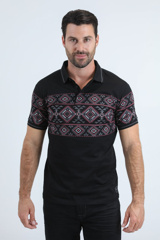 Mens Modern Fit Stretch Cotton Black Polo with Aztec Print