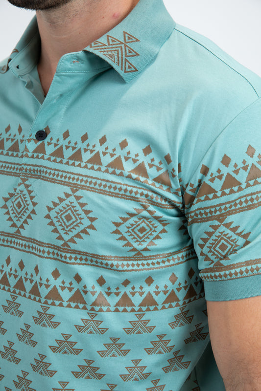 blue multilevel aztec polo men platini close-up