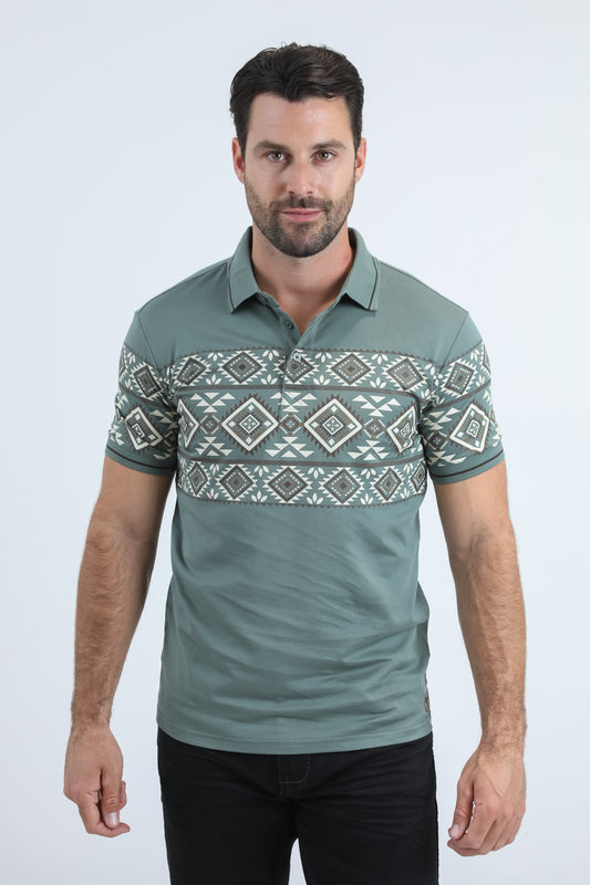 Mens Modern Fit Stretch Cotton Blue Polo with Aztec Print