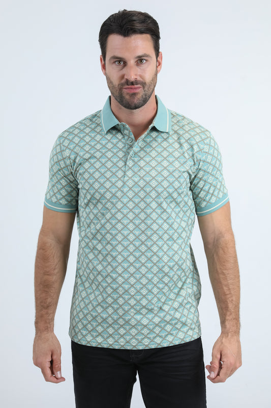 Mens Modern Fit Stretch Cotton Blue Polo with Aztec Print