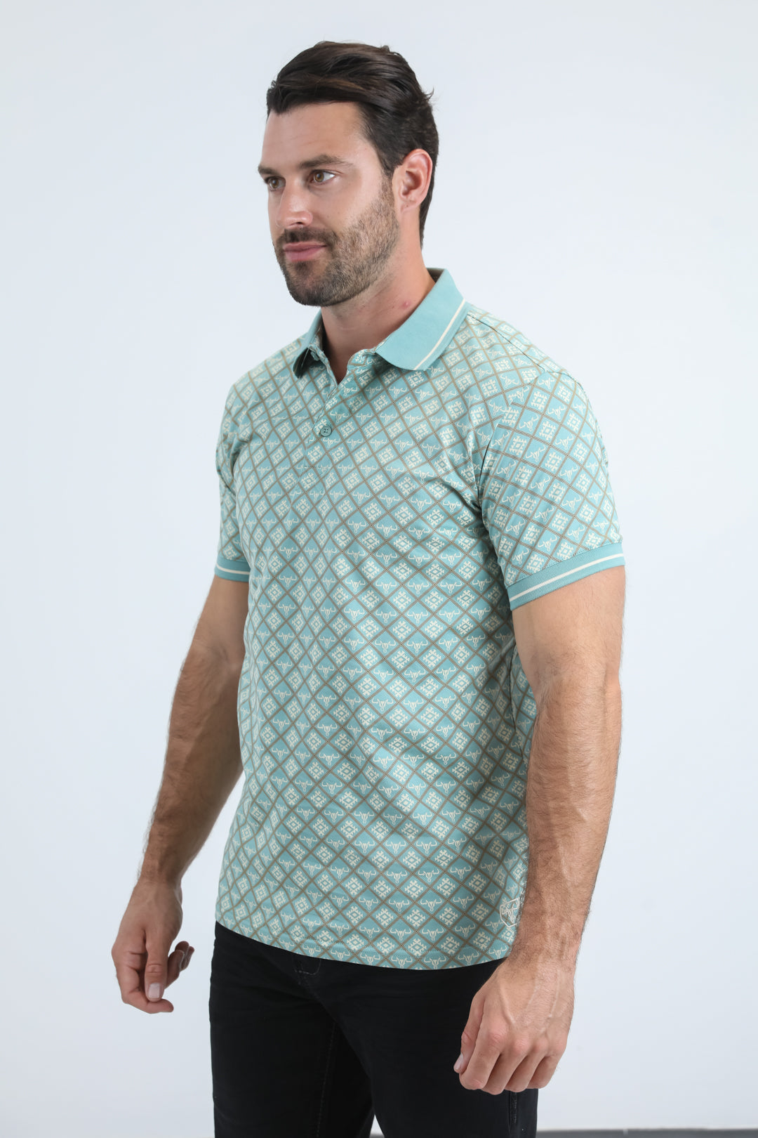 Mens Modern Fit Stretch Cotton Blue Polo with Aztec Print