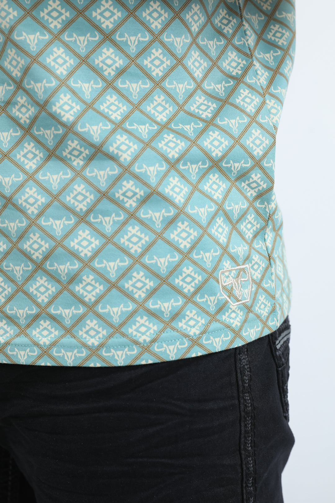 Mens Modern Fit Stretch Cotton Blue Polo with Aztec Print
