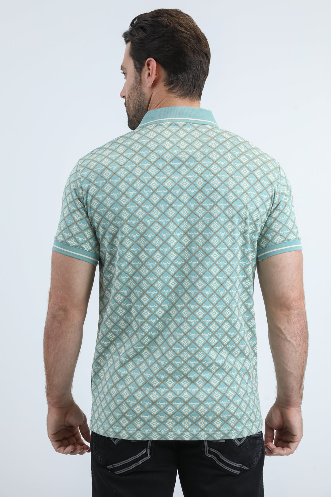 Mens Modern Fit Stretch Cotton Blue Polo with Aztec Print