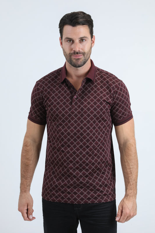Mens Modern Fit Stretch Cotton Burgundy Polo with Aztec Print