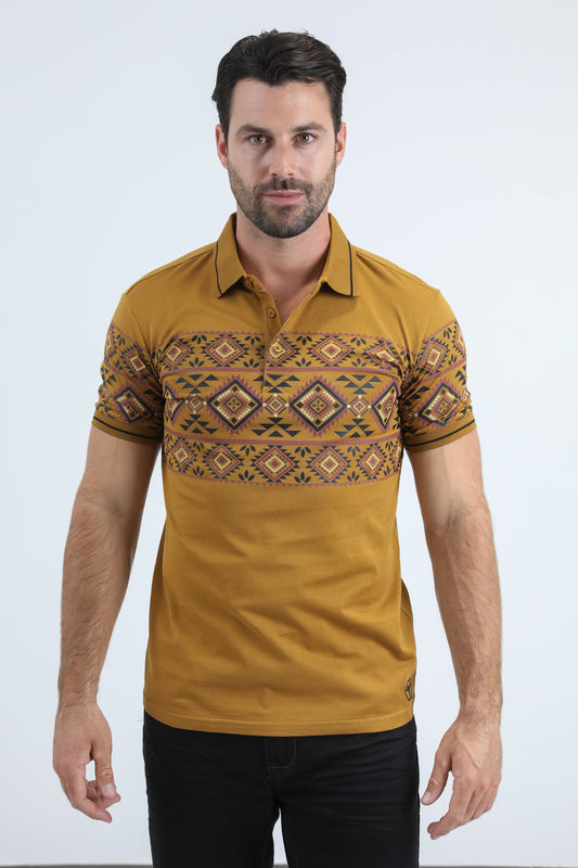 Mens Modern Fit Stretch Cotton Camel Polo with Aztec Print