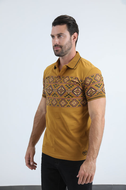 camel aztec border stripe polo men platini close-up