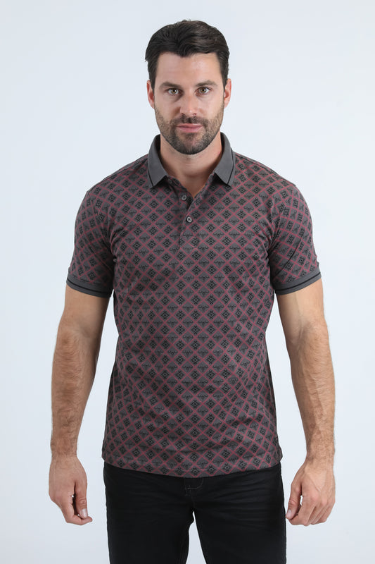 Mens Modern Fit Stretch Cotton Grey Polo with Aztec Print