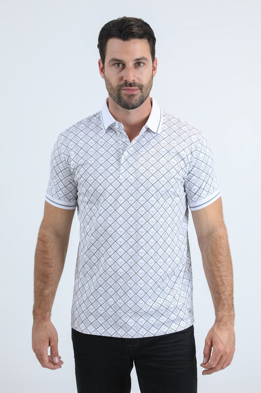 Mens Modern Fit Stretch Cotton White Polo with Aztec Print