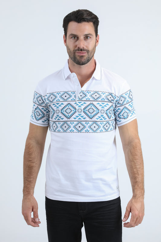 Mens Modern Fit Stretch Cotton White Polo with Aztec Print