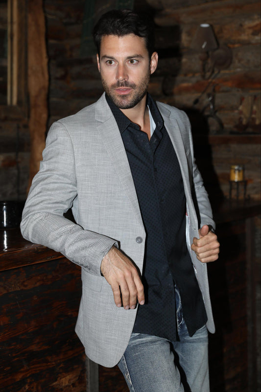 grey modern fit stretch blazer men platini front