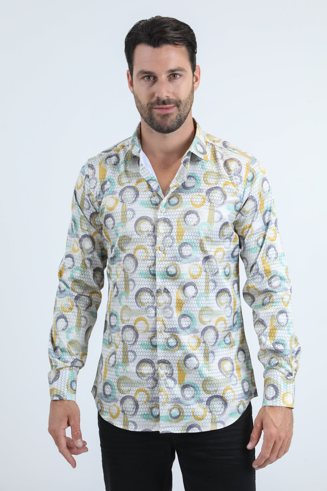 Mens Modern Fit Stretch Foil Fashion Beige Shirt