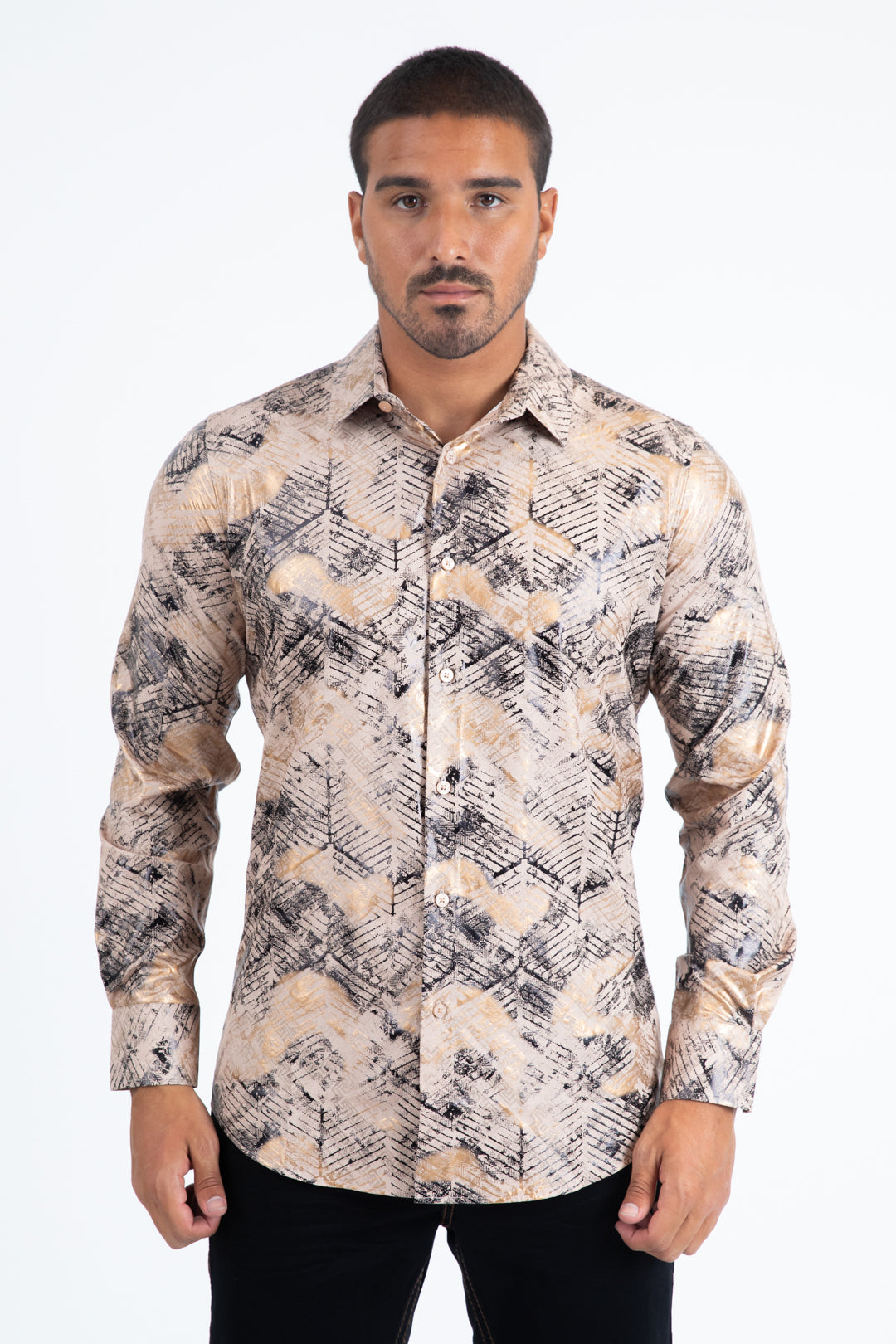 Beige Modern Fit Stretch Foil Fashion Shirt Men