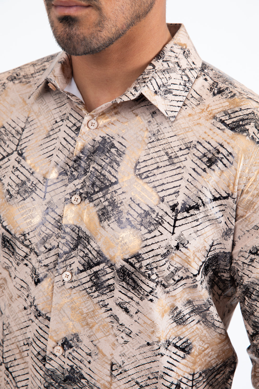 Beige Modern Fit Stretch Foil Fashion Shirt Men