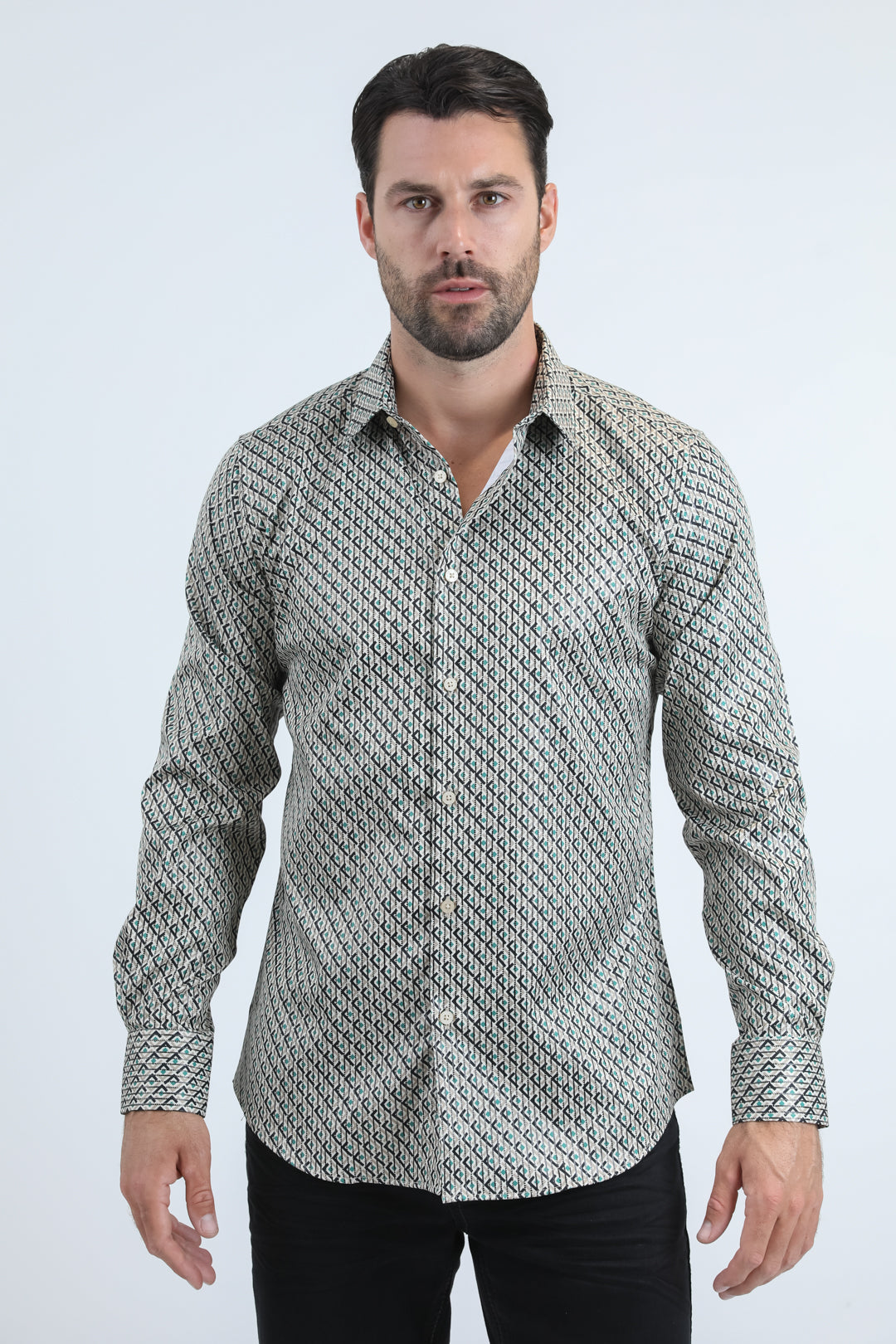 Mens Modern Fit Stretch Foil Fashion Beige Shirt