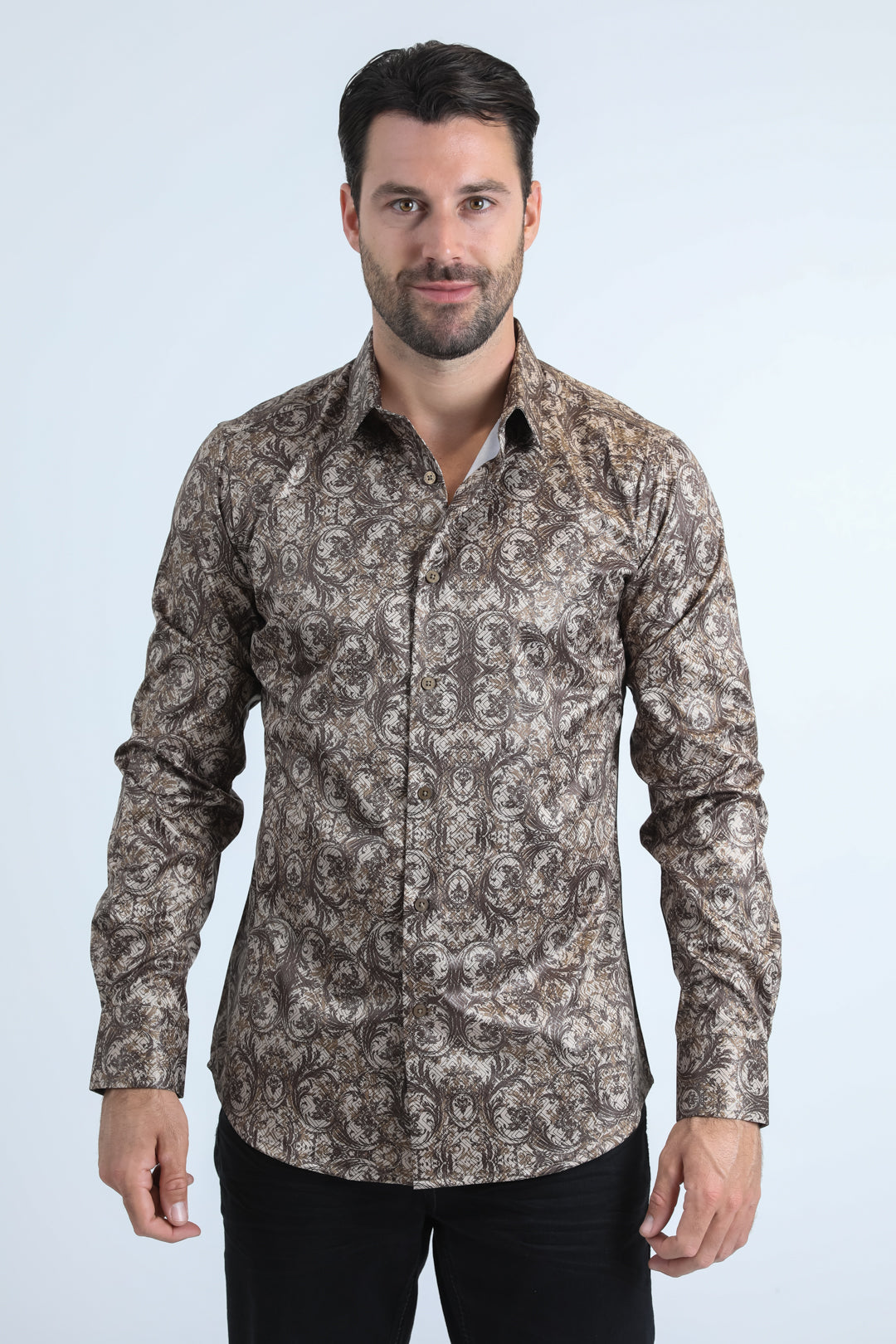 Mens Modern Fit Stretch Foil Fashion Beige Shirt