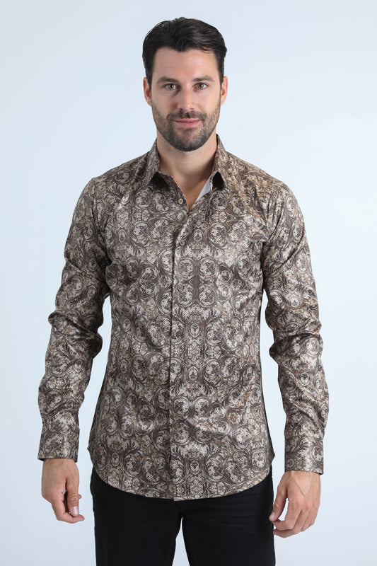 Mens Modern Fit Stretch Foil Fashion Beige Shirt