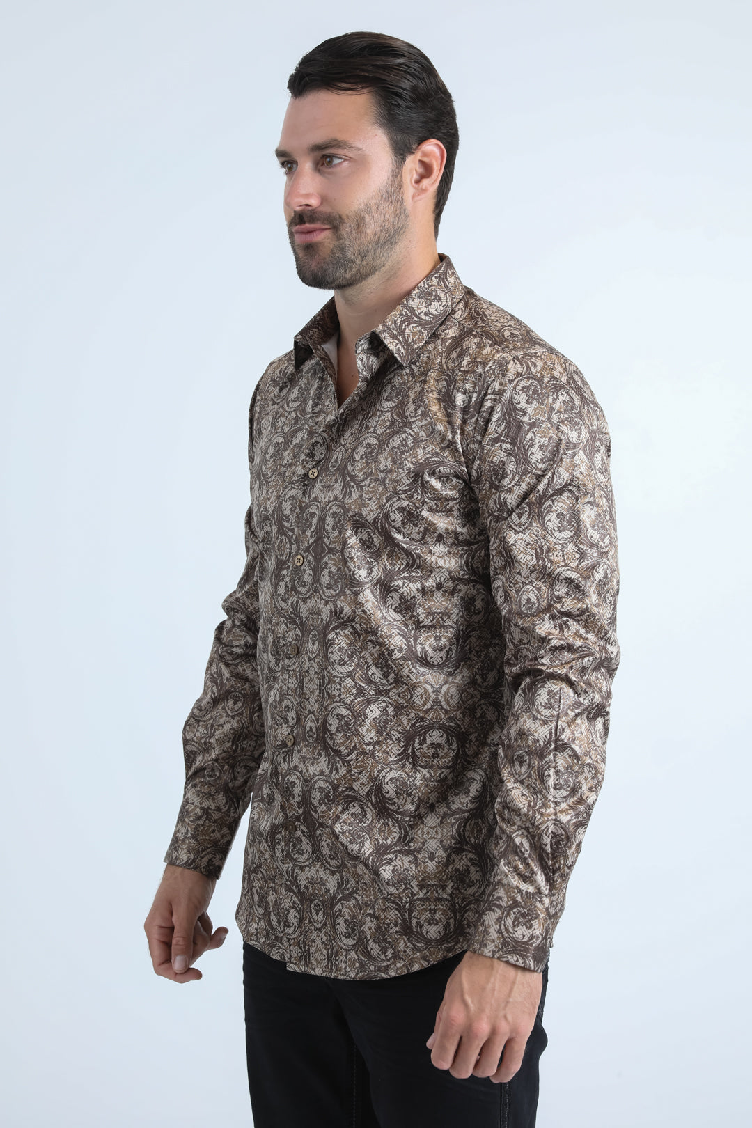 Mens Modern Fit Stretch Foil Fashion Beige Shirt